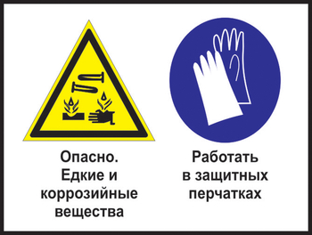 Кз 64 опасно - едкие и коррозийные вещества. работать в защитных перчатках. (пленка, 600х400 мм) - Знаки безопасности - Комбинированные знаки безопасности - ohrana.inoy.org